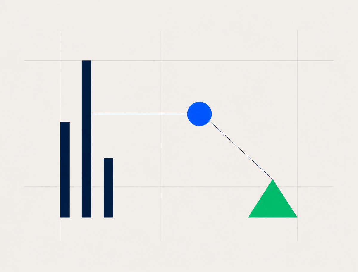 Abstract diagram of navy bars linked to blue and green shapes, representing an AI lead qualification system